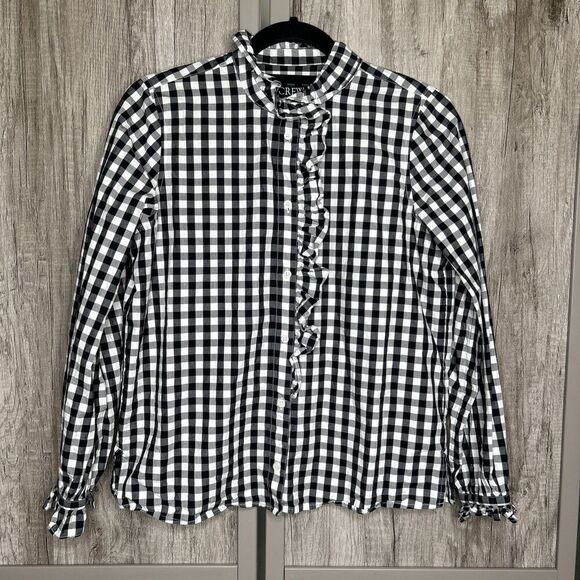 J Crew Gingham Button Up Shirt Black White Checkered Ruffle Trip Size 2 - Picture 1 of 7